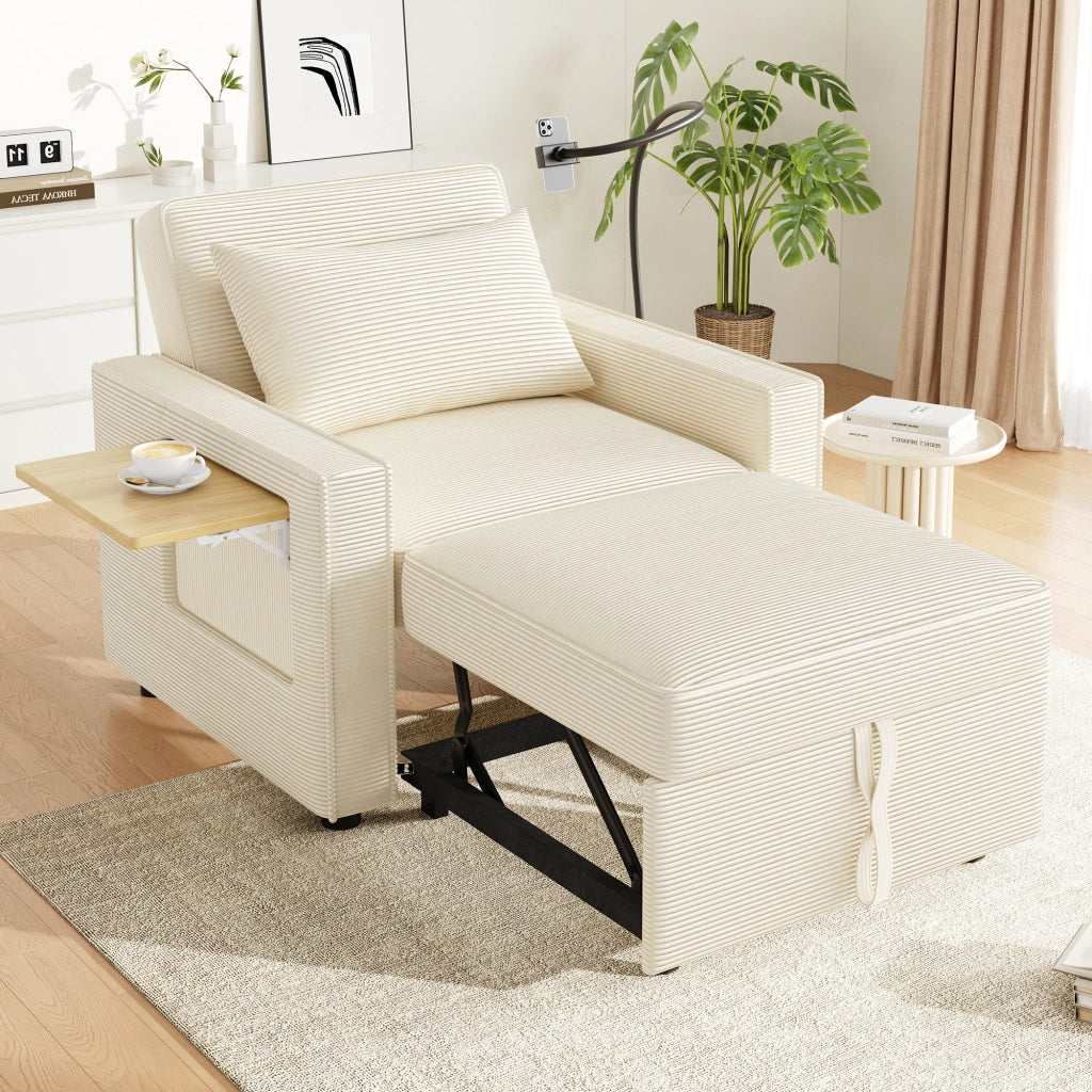Divano letto 1 posto - con schienale regolabile; USB e porta smartphone - in tessuto a coste beige