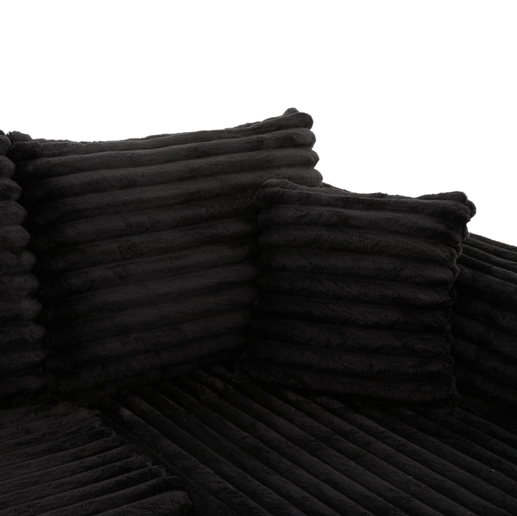 Divano modulare a U in velluto a coste nero con portabevande e tasca laterale; 320×155×88 cm