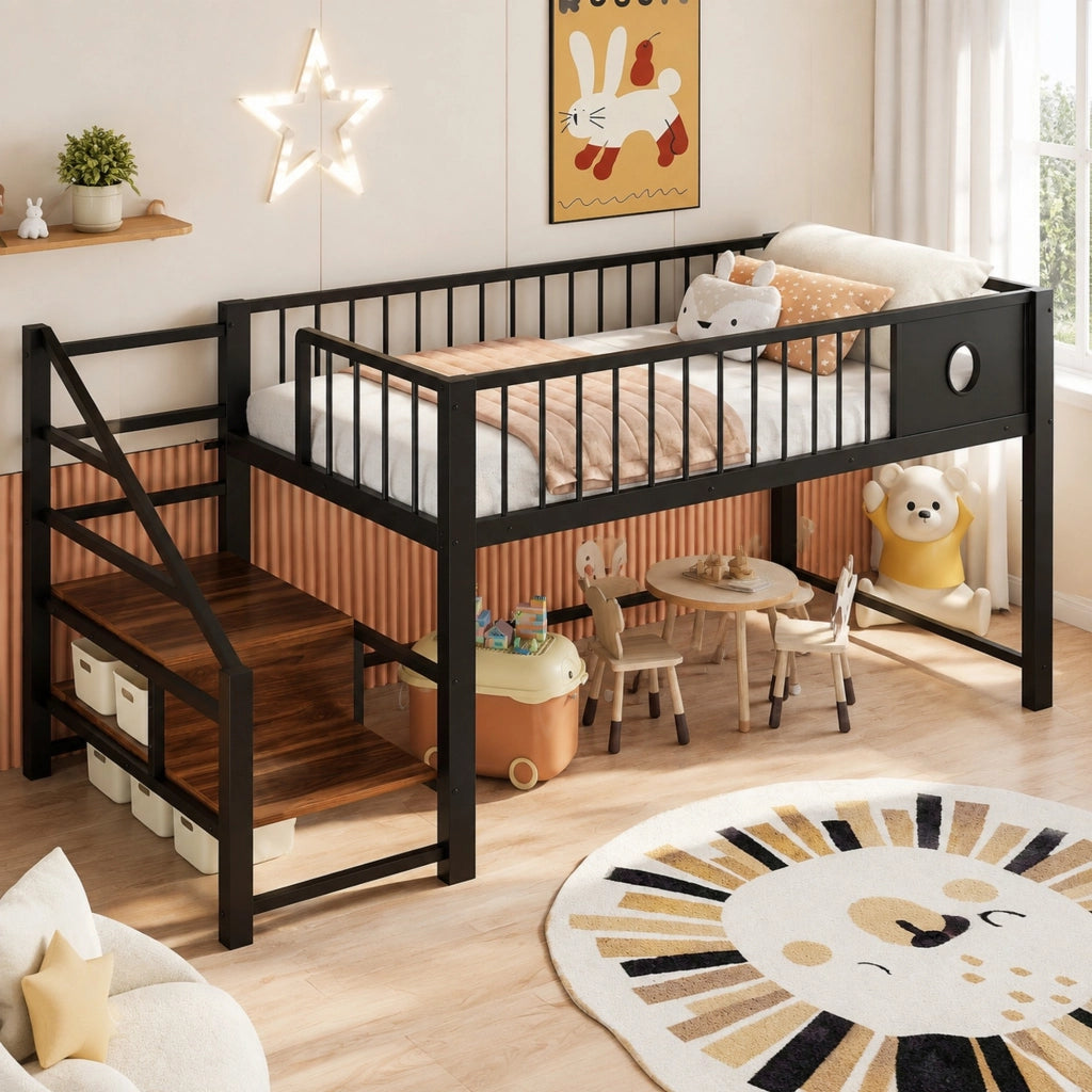 Letto a soppalco basso per bambini 90x200 cm in metallo; nero; con scala e spazio sotto