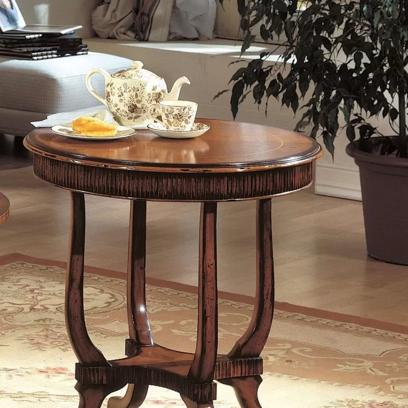 Tavolino rotondo inglese intarsiato legno massello bassano 70x70x74 - Mobili 2G