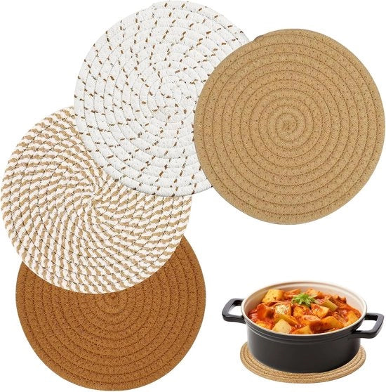Set di 4 sostegni per pentola 18 cm, sostegni rotondi in cotone intrecciato, tappeto per cucina, pentola, pentole, padelle, piatti (marrone)