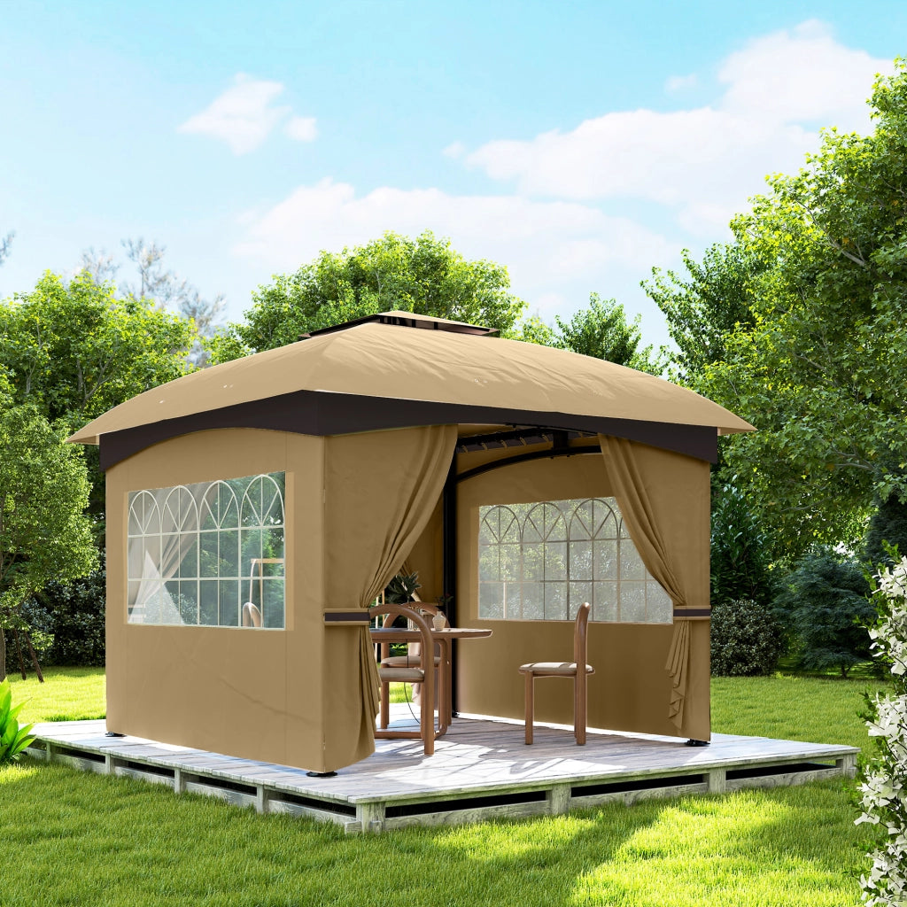 Gazebo da Giardino Con Doppio Tetto E 4 Teli Laterali; Poliestere PU; Beige; Protezione UV20+; 335×335×285 cm