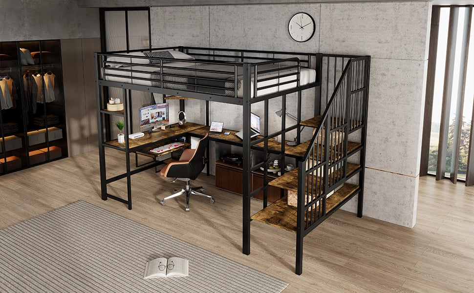 Letto a castello in ferro e MDF nero e noce scuro con scala d'angolo 120x200cm