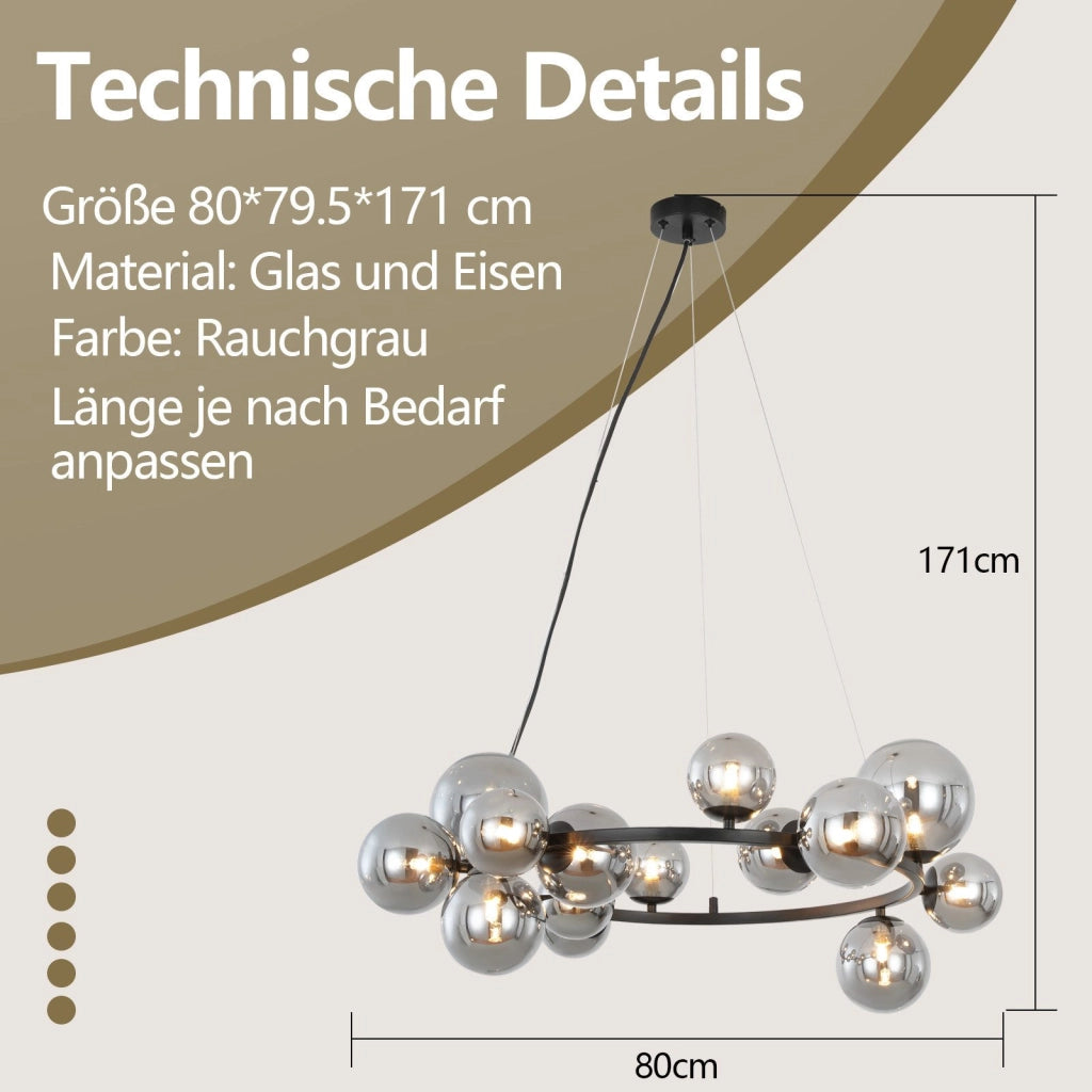 Lampada a sospensione ZMH moderna per sala da pranzo 14 fiamme lampadario G9 con sfera in vetro