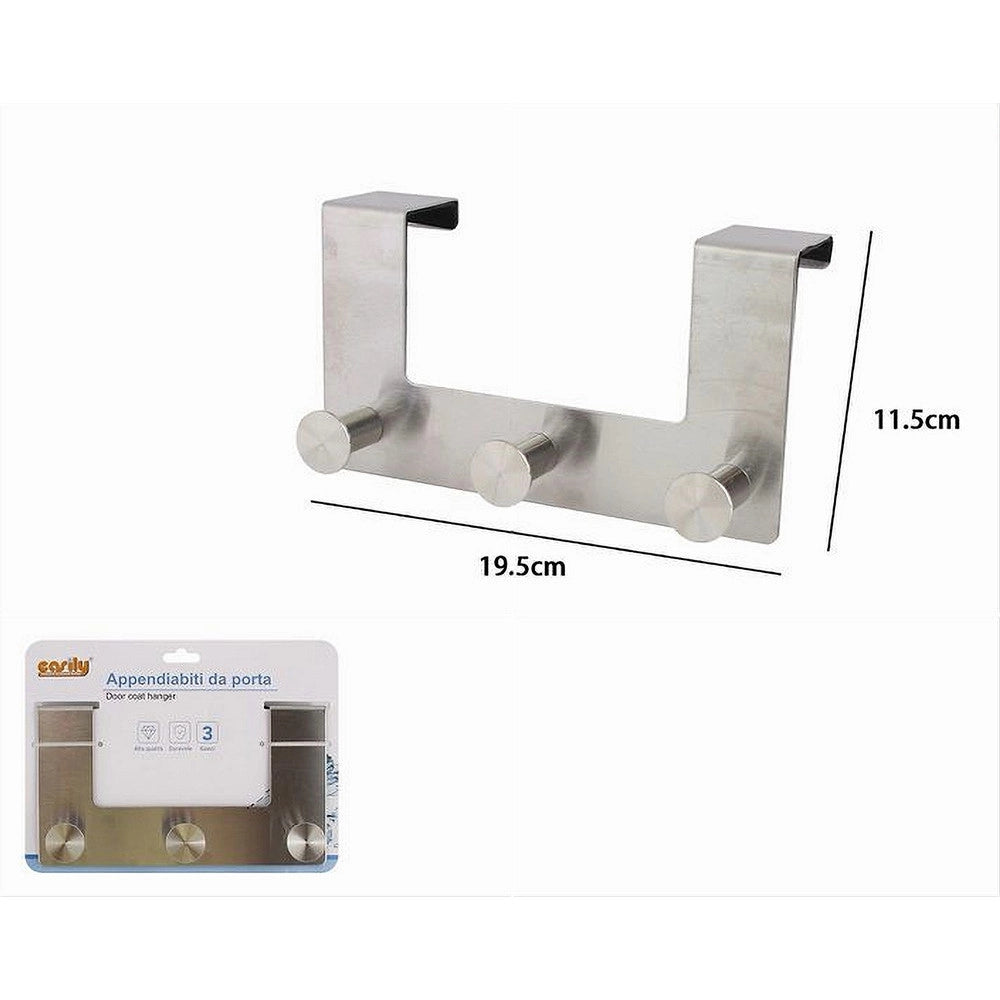 Trade Shop - Appendiabiti Da Porta Con 3 Ganci 19.5 X 11.5cm Silver Asciugamani Vestiti 87784 -