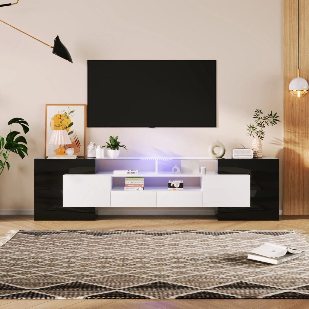 OKWISH Mobile TV con 4 Ante, 2 Cassetti e 3 Vani, LED, Finitura Lucida, per Soggiorno, MDF, 200 x 35 x 60 cm
