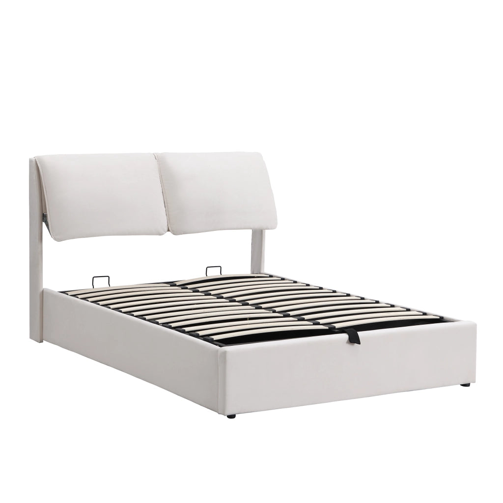 Letto imbottito 140x200 in velluto beige con contenitore, 3 cassetti, testiera e rete a doghe