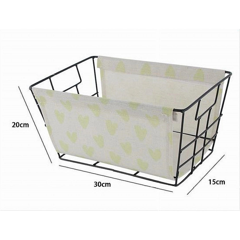 Trade Shop - Cesto Porta Oggetti In Ferro Tessuto Stampa Cuori Gialli Manici 30x20x15cm 10617 -