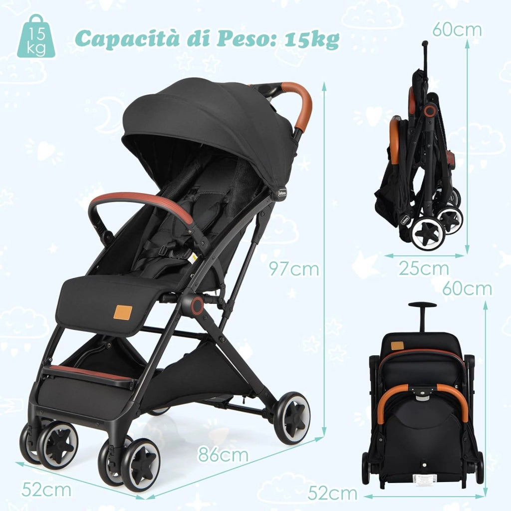 Passeggino Leggero per Bambini, Carrozzina con Schienale Regolabile, Passeggino Pieghevole con Ruote Universali, Sacco a fondo,per Bambini 0-36 Mesi, Portata 15 kg(Nero)