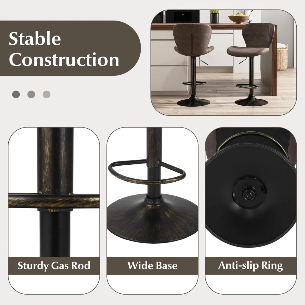 Set di 2 sgabelli da bar regolabili in altezza, 61-81 cm, girevole a 360°, con poggiapiedi, sgabello girevole con schienale, sgabello da cucina, stile vintage, in poliuretano, portata 150 kg