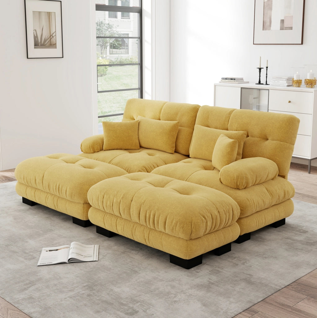 Divano modulare in chenille giallo con 2 pouf; 220x145x81 cm