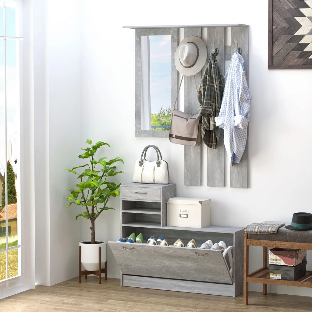 MOBILE GUARDAROBA CON SPECCHIO APPENDIABITI E SCARPIERA 90X22X116 CM GRIGIO