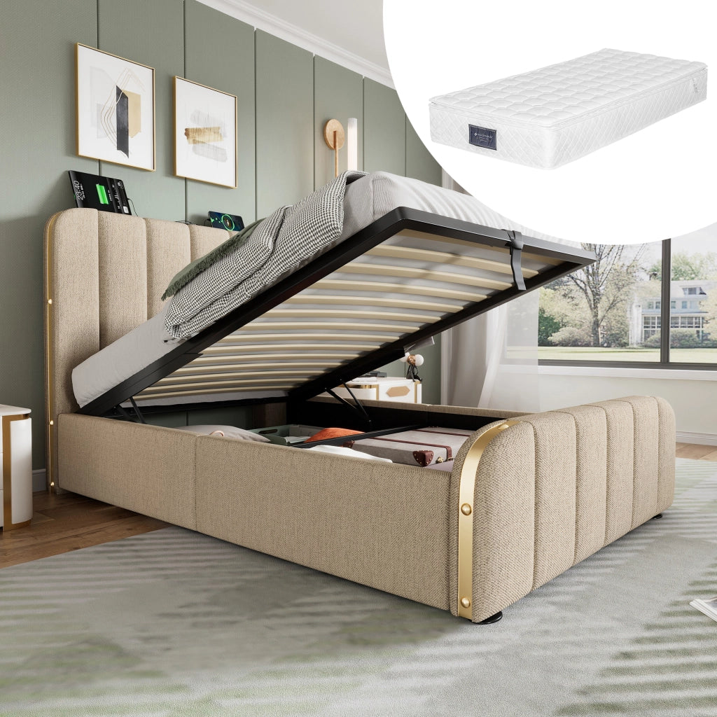 letto imbottito lino beige 90 x 200 cm