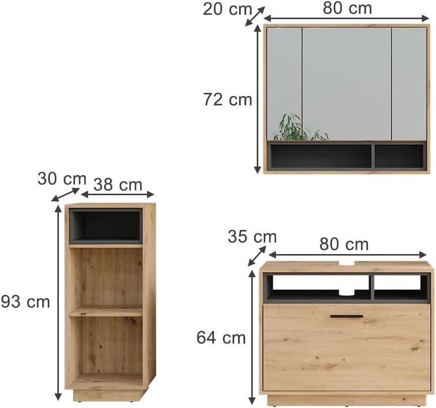Set di mobili da bagno Beatrice, Rovere artigianale/antracite, 80 cm, composto da mobile sottolavabo, specchiera e mobile medio