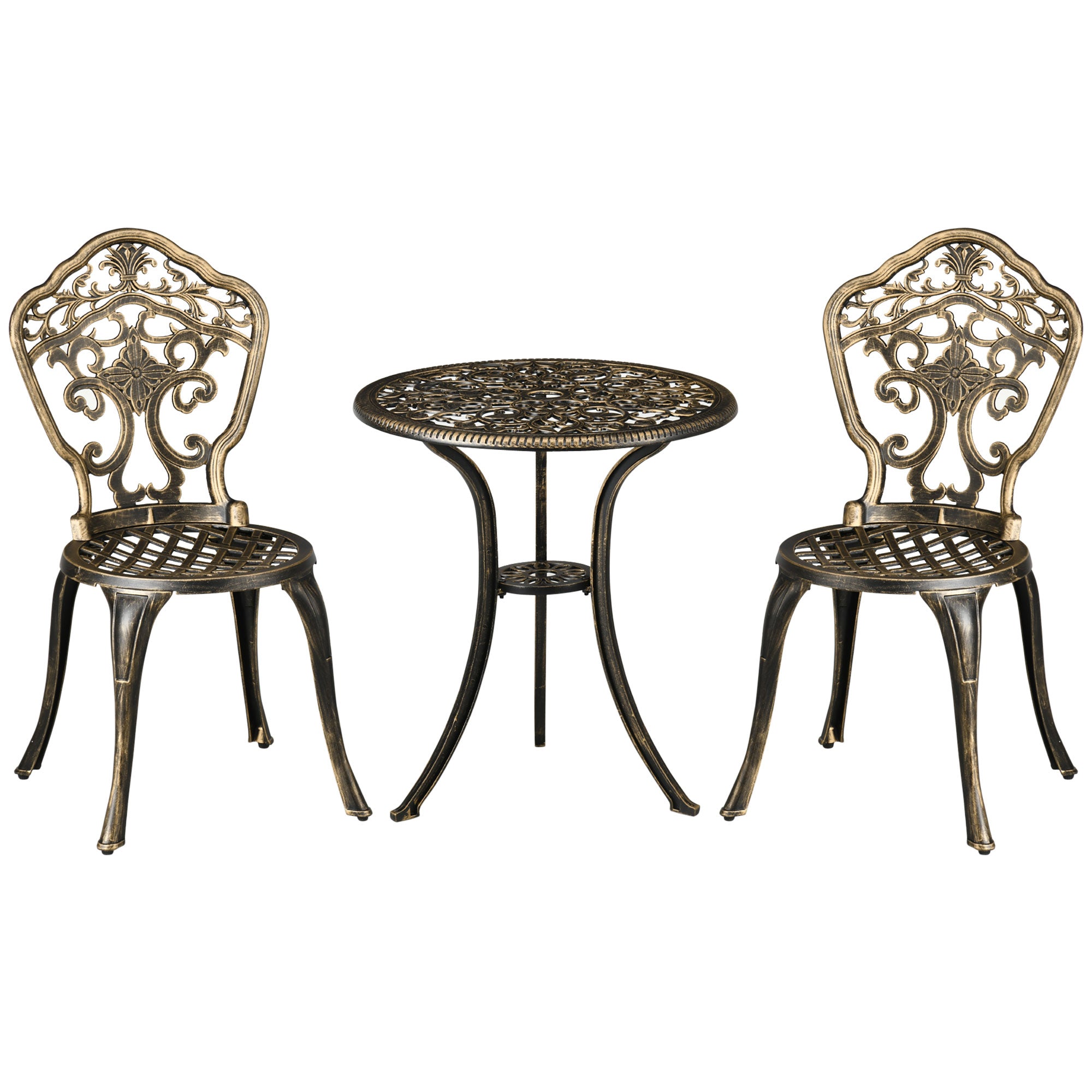 Set 3 Pezzi da Esterno con 2 Sedie da Giardino e Tavolino Rotondo con Foro per Ombrellone in Alluminio Bronzo