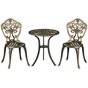 Set 3 Pezzi da Esterno con 2 Sedie da Giardino e Tavolino Rotondo con Foro per Ombrellone in Alluminio Bronzo