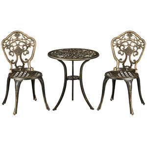 Set 3 Pezzi da Esterno con 2 Sedie da Giardino e Tavolino Rotondo con Foro per Ombrellone in Alluminio Bronzo
