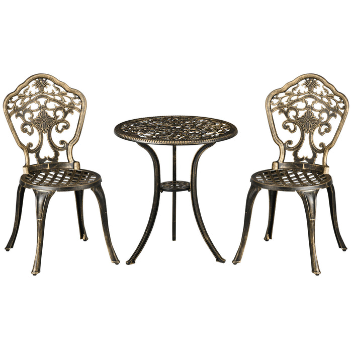 Set 3 Pezzi da Esterno con 2 Sedie da Giardino e Tavolino Rotondo con Foro per Ombrellone in Alluminio Bronzo