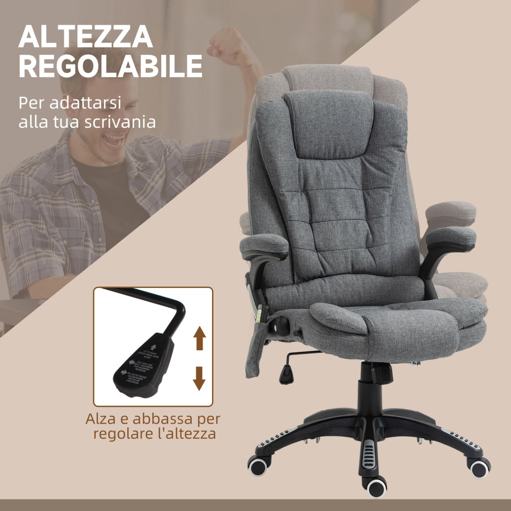 EasyComfort Sedia da Ufficio Massaggiante a 6 Punti Vibrante con Funzione Dondolo e Riscaldata, Poltrona Ufficio Reclinabile con Altezza Regolabile, Telecomando e Tasca Laterale in Tessuto, Grigio