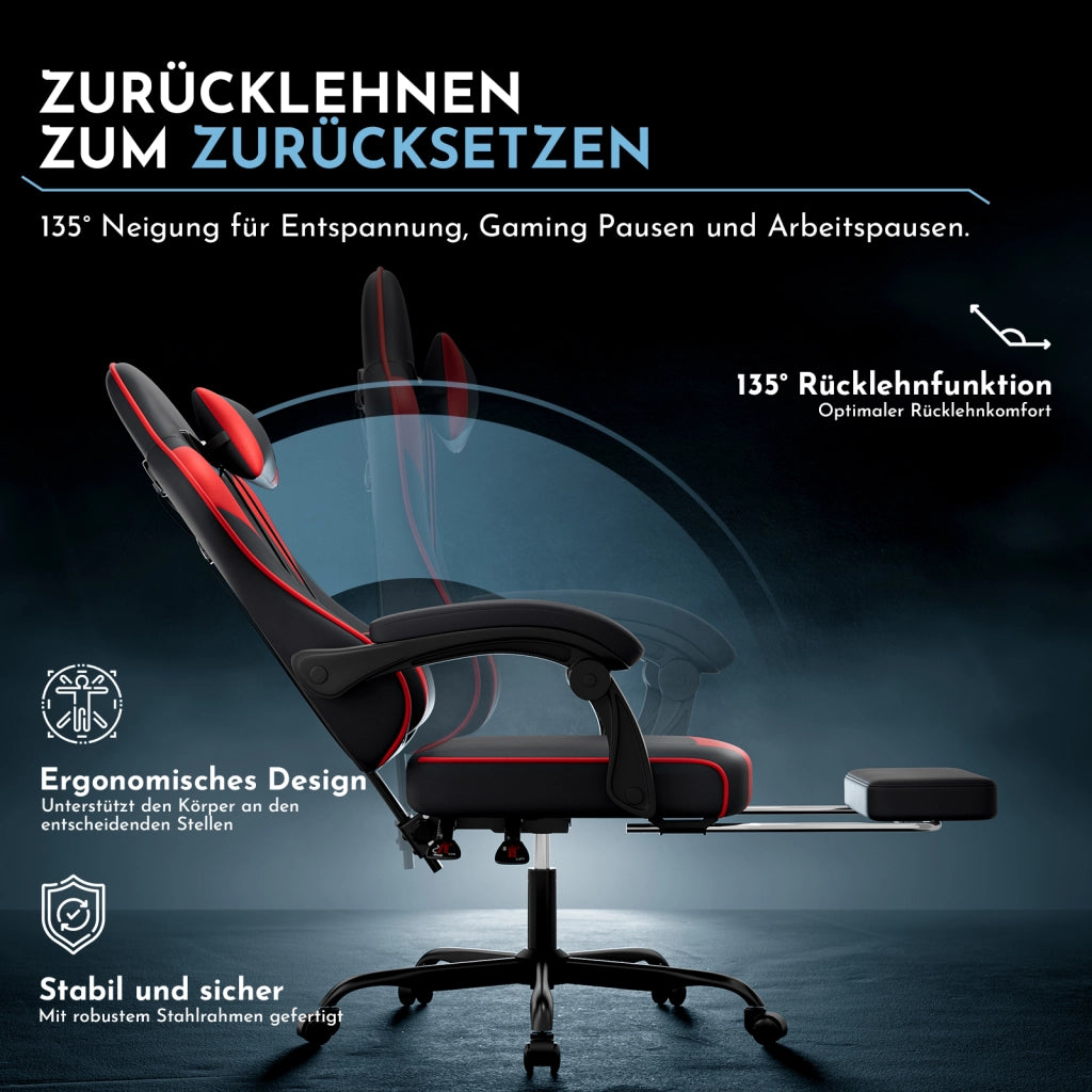 Sedia da gaming ergonomica nera e rossa in PVC