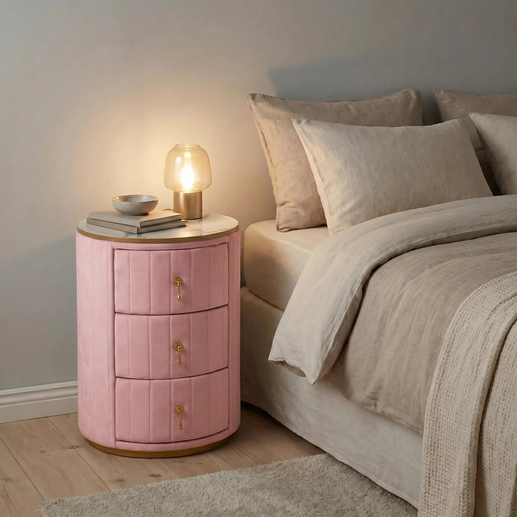 Tavolino da Comodino con 3 Cassetti ¨C MINIMAL ¨C Velluto Rosa, Piano in Marmo, Gambe Oro