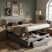Letto contenitore idraulico con cassetti e testiera regolabile LEMONMAX; 160x200 cm; sommier a doghe; velluto; grigio