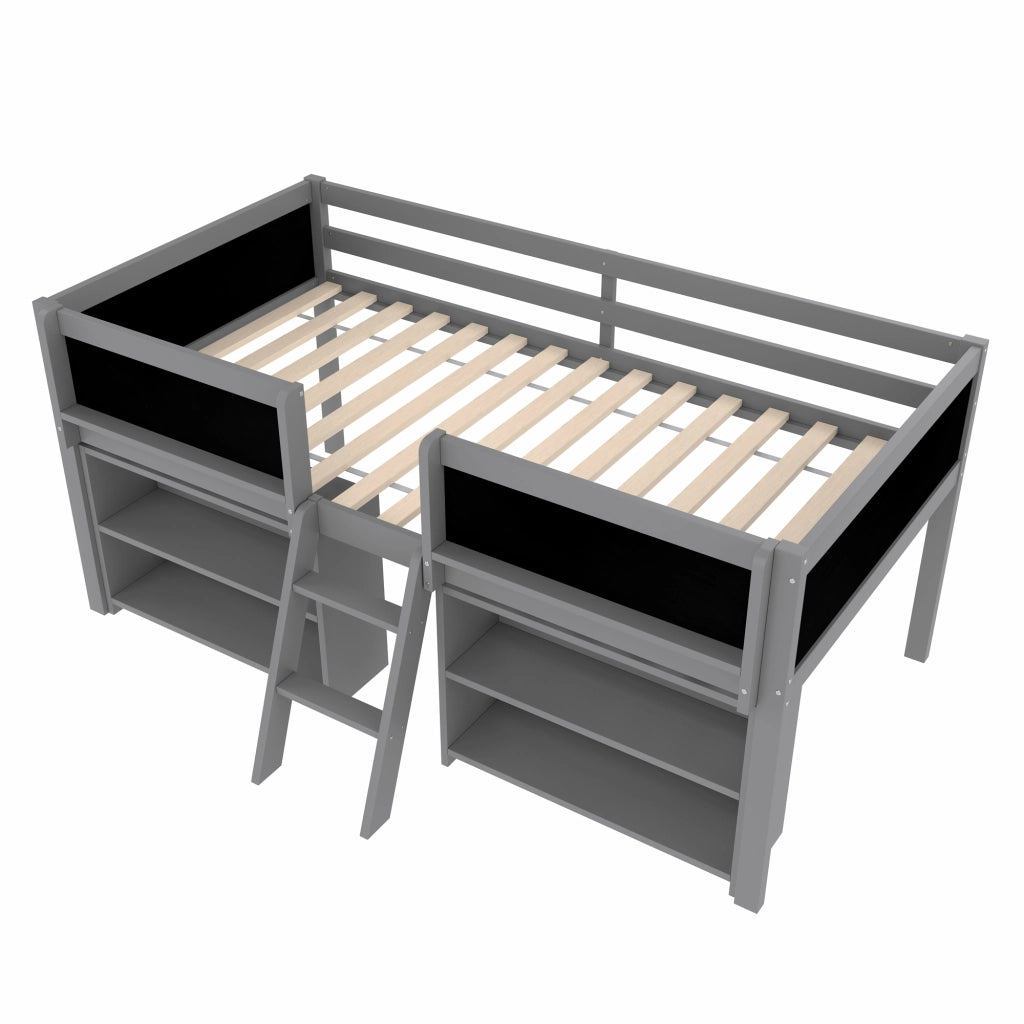 OKWISH Letto a soppalco 90×200 cm, Letto Singolo con Mensole Portaoggetti, Lavagna e Sponda di Sicurezza, senza Materasso, in Pino, Grigio