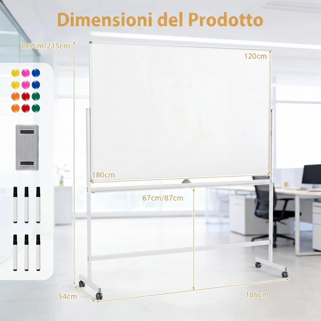 Lavagna Bianca Mobile, Lavagna Magnetica Cancellabile Doppia Faccia con Cavalletto, 2 Altezze Regolabili e Ruote Bloccabili (186 x 54 x 195/215 cm,Bianco)