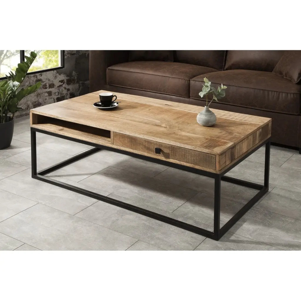 Tavolino LODEN 100 cm in legno massiccio di mango con vani contenitori e metallo nero - stile industriale