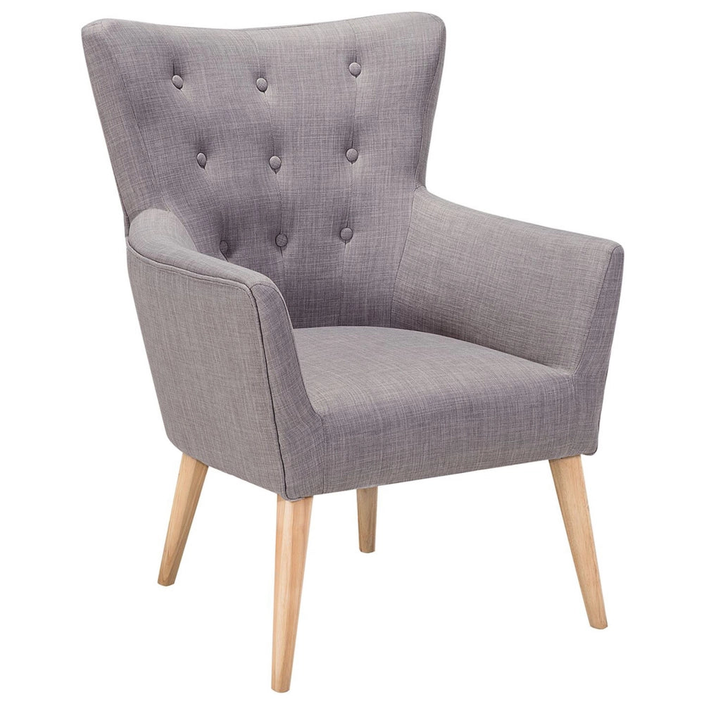 Poltrona Rivestimento In Tessuto Grigio Con Bottoni Gambe In Legno Stile Retrò