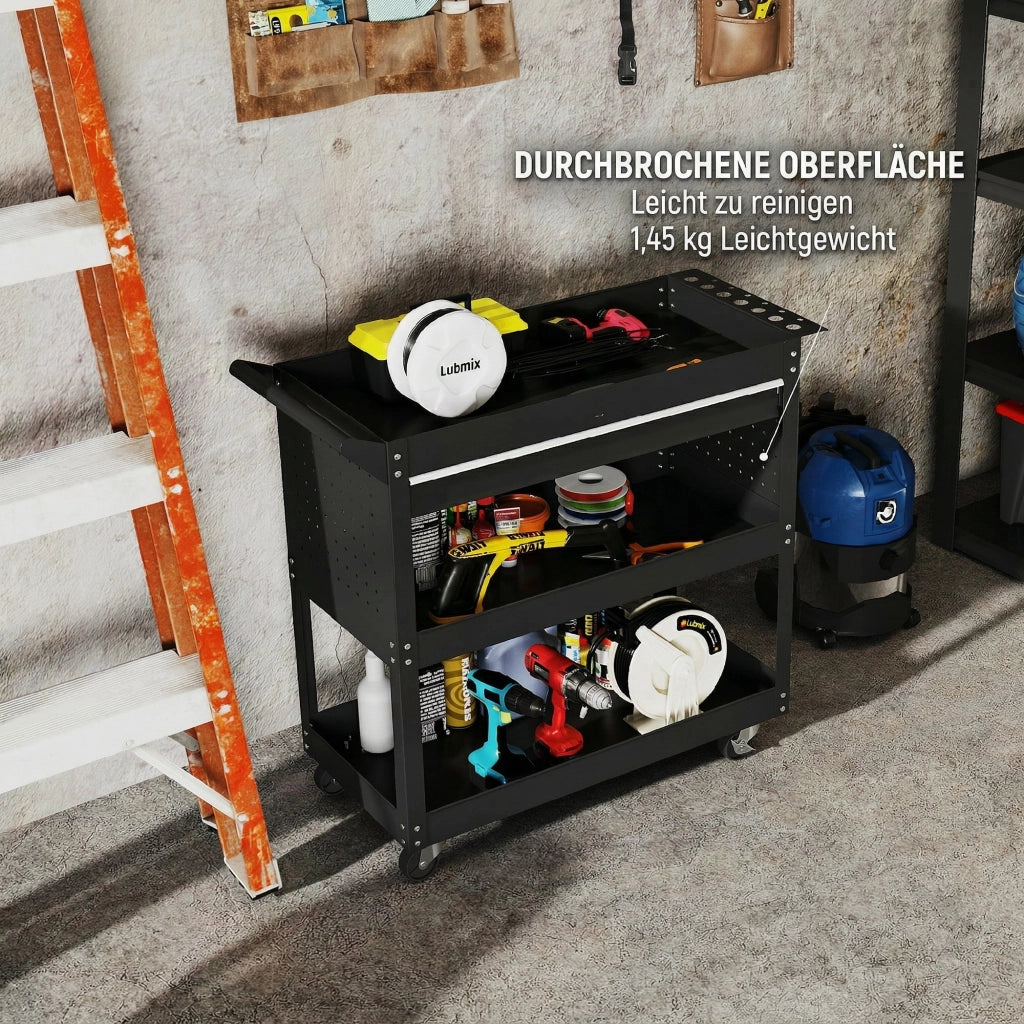 Carrello 3 Livelli 82x35x76 cm con Cassetto Porta Utensili Laterale e Maniglia in Acciaio Nero