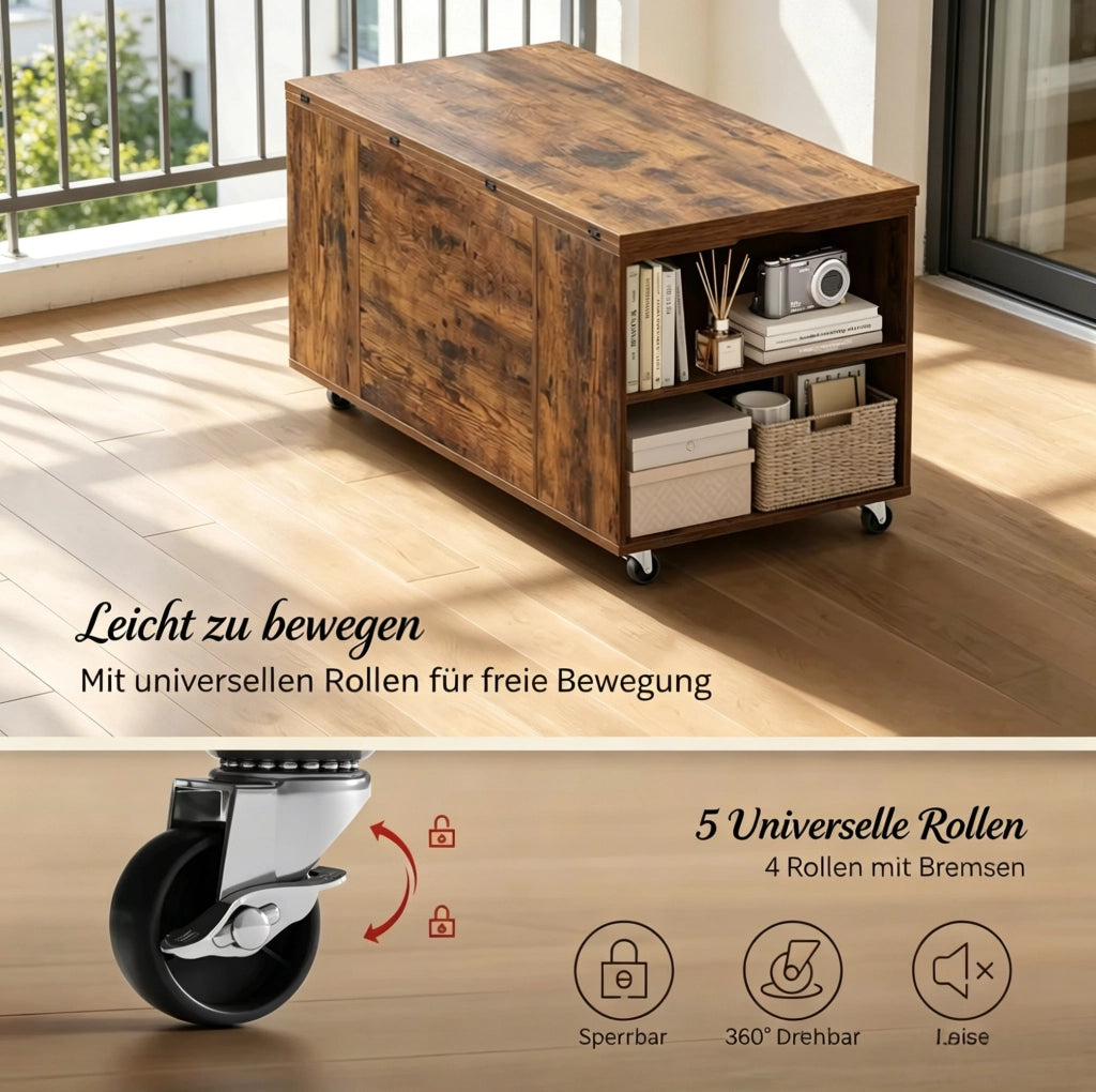 Tavolino da caffè elevabile con 1 cassetto e ruote bloccabili; legno e metallo marrone rustico