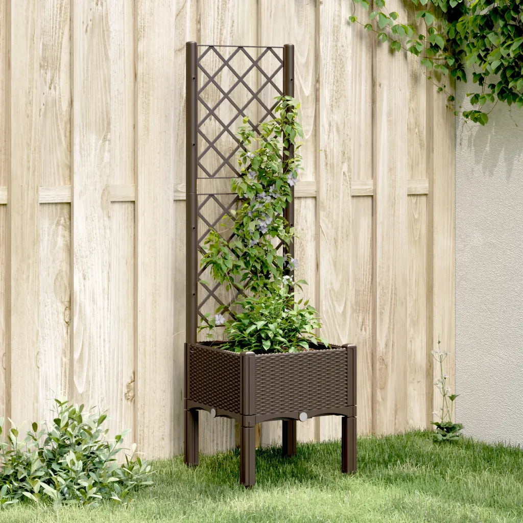 Fioriera da giardino con traliccio-Vaso da Esterno-Vaso con Griglia Marrone 40x40x142 cm in PP