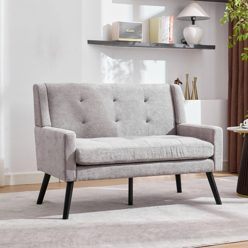 Panca 2 Posti in Lino con Cuscini in Schiuma e Gambe in Legno Massello Antiscivolo, Grigio Chiaro