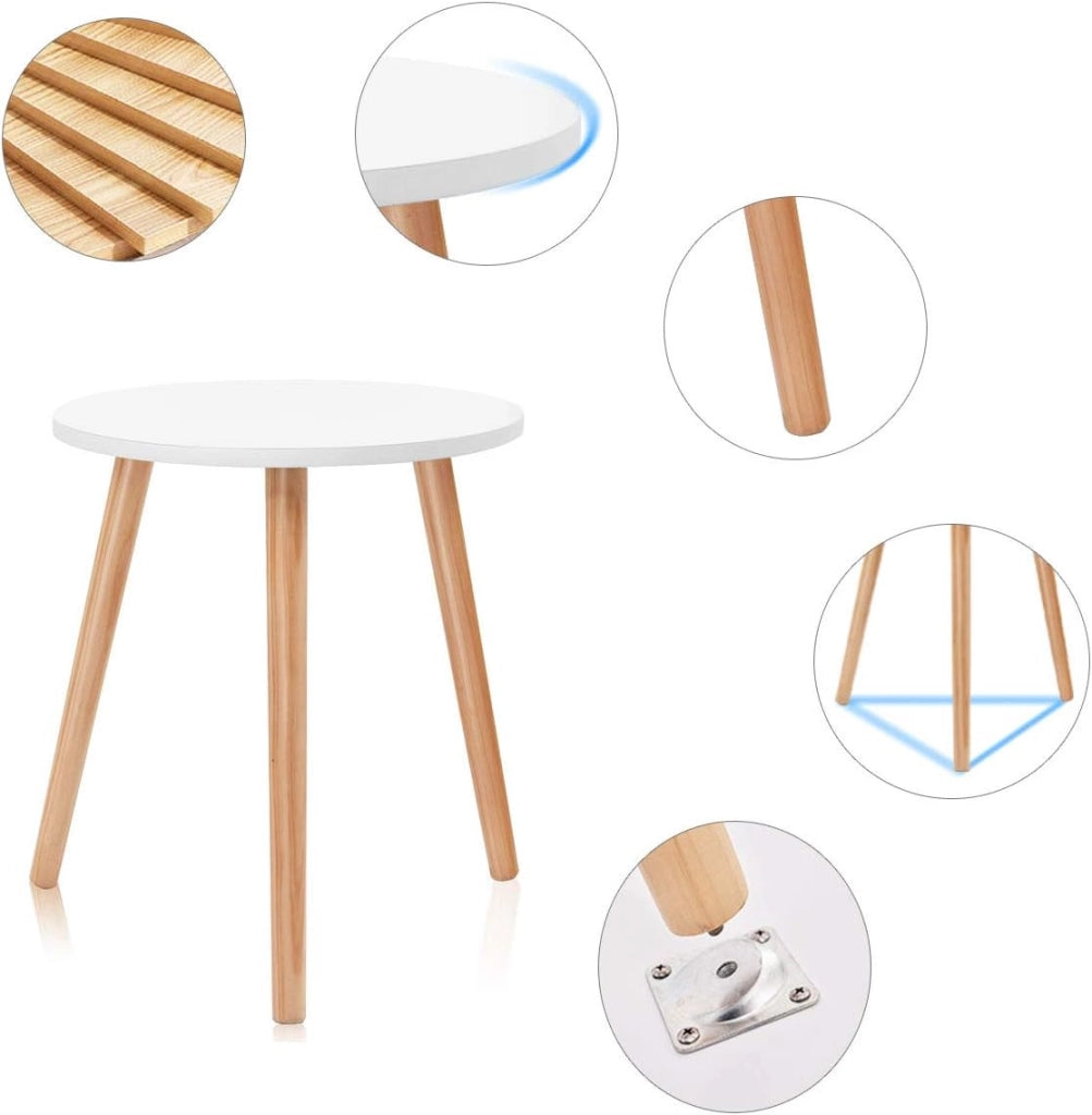 Tavolino da Caffè Rotondo, Tavolino da Soggiorno in Legno per Camera da Letto, Soggiorno, Balcone, Comodino con 3 Gambe in Pino, Bianco, 40x40x48cm