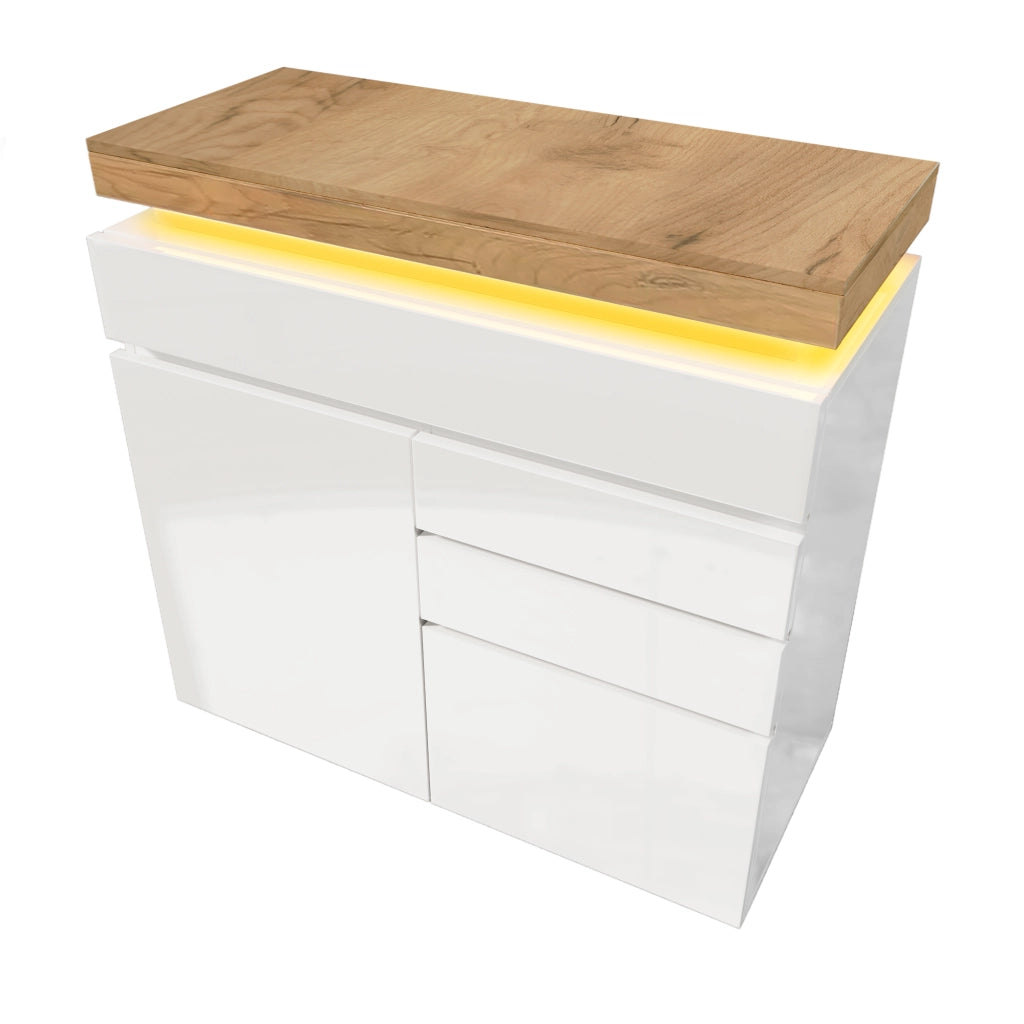 OKWISH Credenza con 2 Ante e 3 Cassetti, Ripiani Regolabili, LED, per Soggiorno o Camera da Letto, Bianca 110×39×115 cm