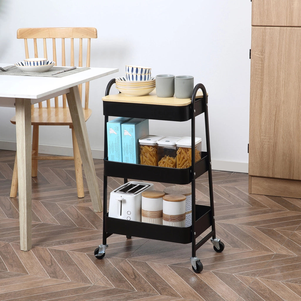 Carrello da cucina con 3 cestini in acciaio e ripiano ¨C zephmum ¨C 45x31x79,4 cm nero