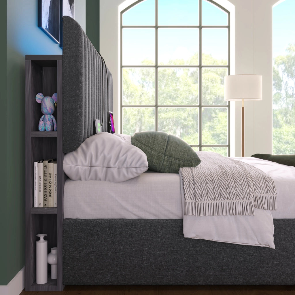 DESMIU Letto Contenitore 160 × 200 cm 2 posti con LED, USB e Type C, senza materasso, in lino, grigio