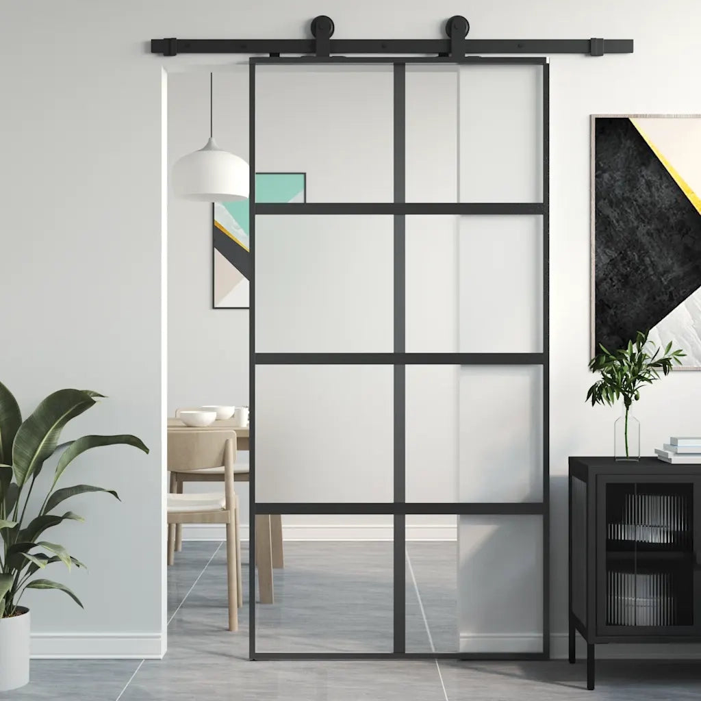 Porta Scorrevole Nera 102,5x205 cm Vetro Temperato e Alluminio 155224