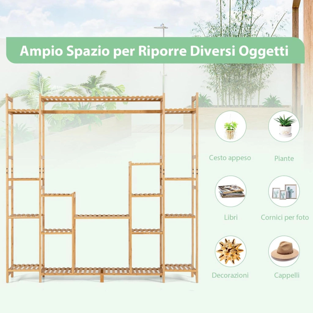 Scaffale per Piante in Bambù a 9 Livelli, Porta Fiori da Interno, Porta Vasi 2 in 1 con Barra e Dispositivo Antiribaltamento, 167 x 30 x 166 cm