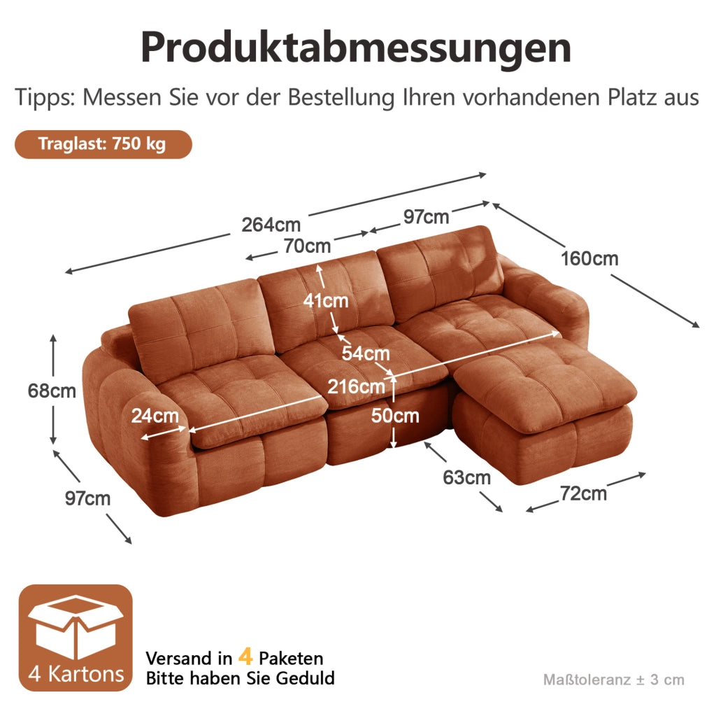 Divano modulare angolare 3 posti con pouf 264x160x68 cm in chenille arancione