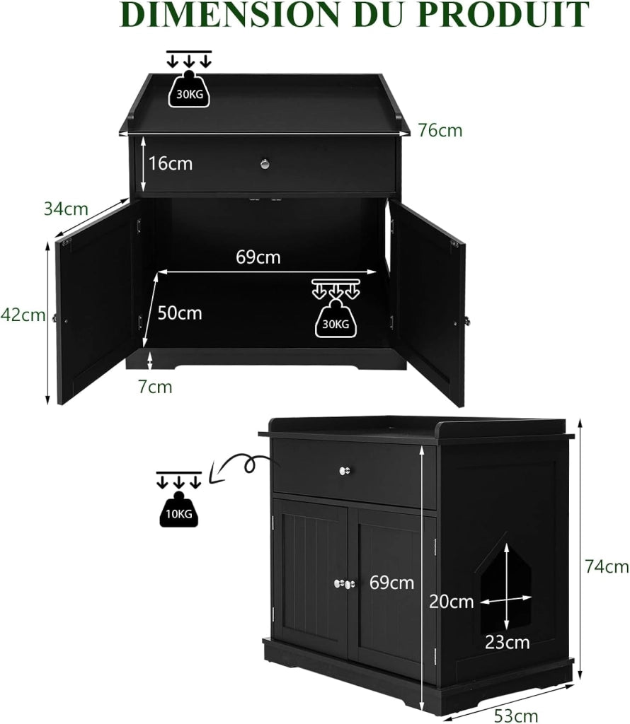 Mobile Lettiera per Gatti con 2 Ante e Cassetto, Armadio per Gatto in Legno con Ingresso Laterale, Grotta Rifugio Multiuso per Soggiorno, Camera da Letto e Ingresso, 76 x 53 x 74 cm (Nero)