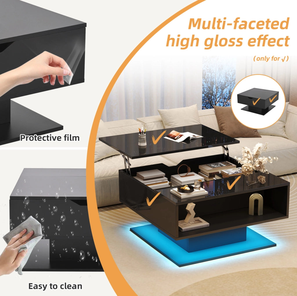 Tavolino da salotto alzabile 80x75x40 cm con LED e vano contenitore; truciolare nero lucido