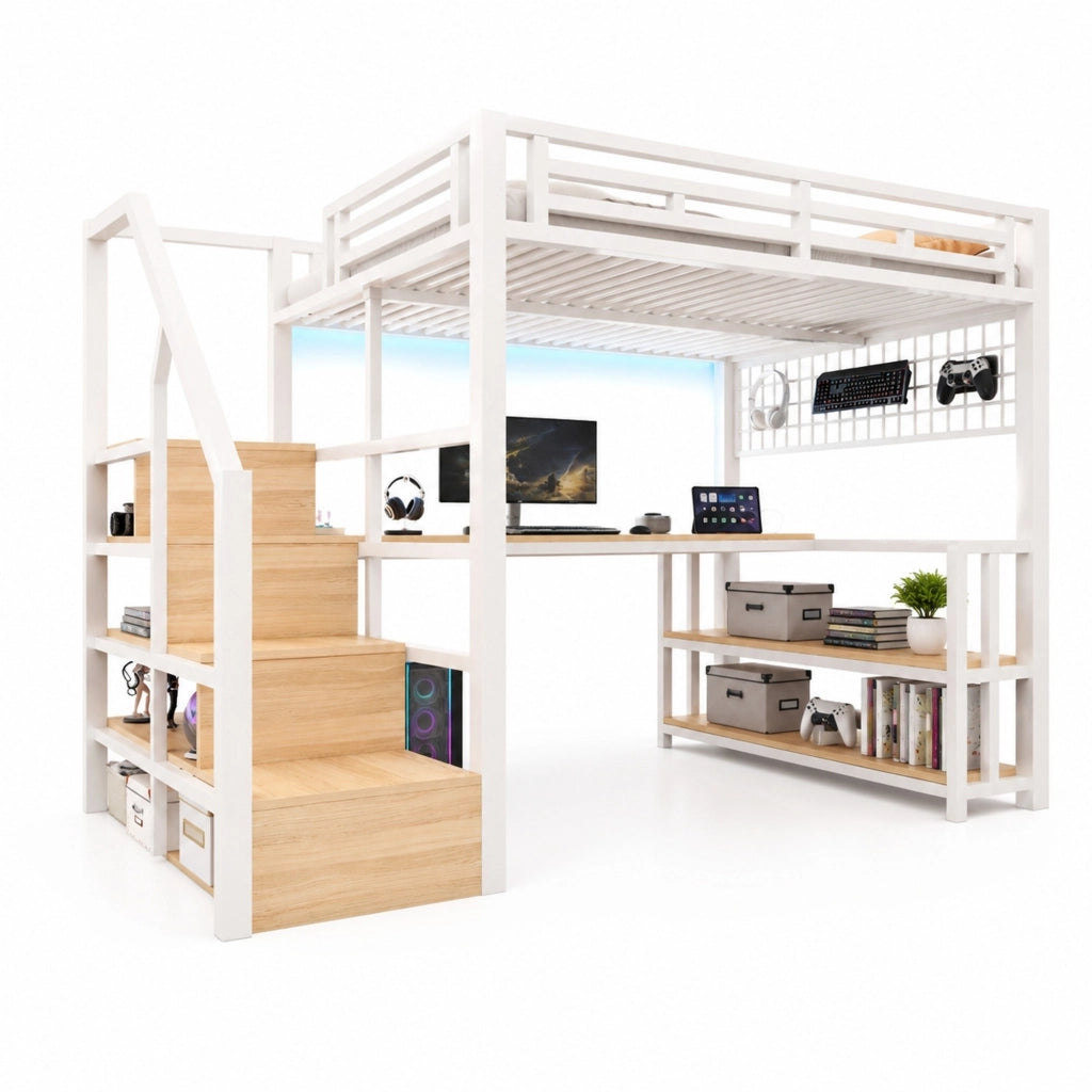 Letto a soppalco 140x200 cm con scrivania, ripiani, LED e prese USB