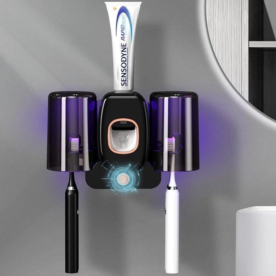 Supporto per spazzolini da denti con 2 ciotole - dispensatore di pasta da denti automatico - supporto sterilizzante per spazzolini da denti - accessori per la stanza da bagno