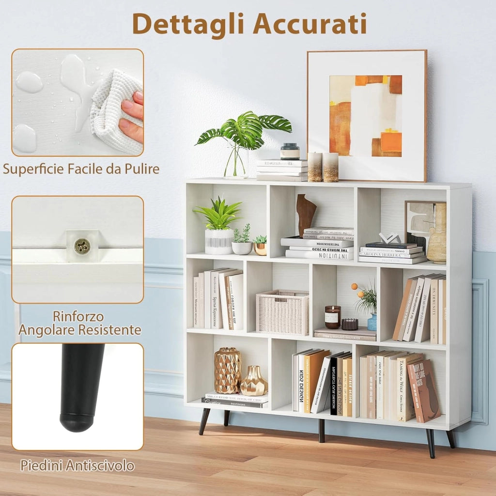 Libreria a 10 Cubi, Organizzatore di Stoccaggio Moderno con 5 Gambe di Metallo, Scaffale per Esposizione con 2 Kit Anti-Ribaltamento per Soggiorno Studio Camera da Letto, Bianco (120x24x107cm)
