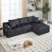 Divano modulare con chaise longue e 2 posti, tasche laterali, portabicchieri e 5 cuscini in tessuto a coste grigio