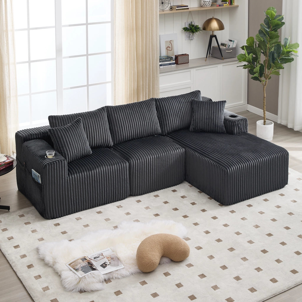 Divano modulare con chaise longue e 2 posti, tasche laterali, portabicchieri e 5 cuscini in tessuto a coste grigio