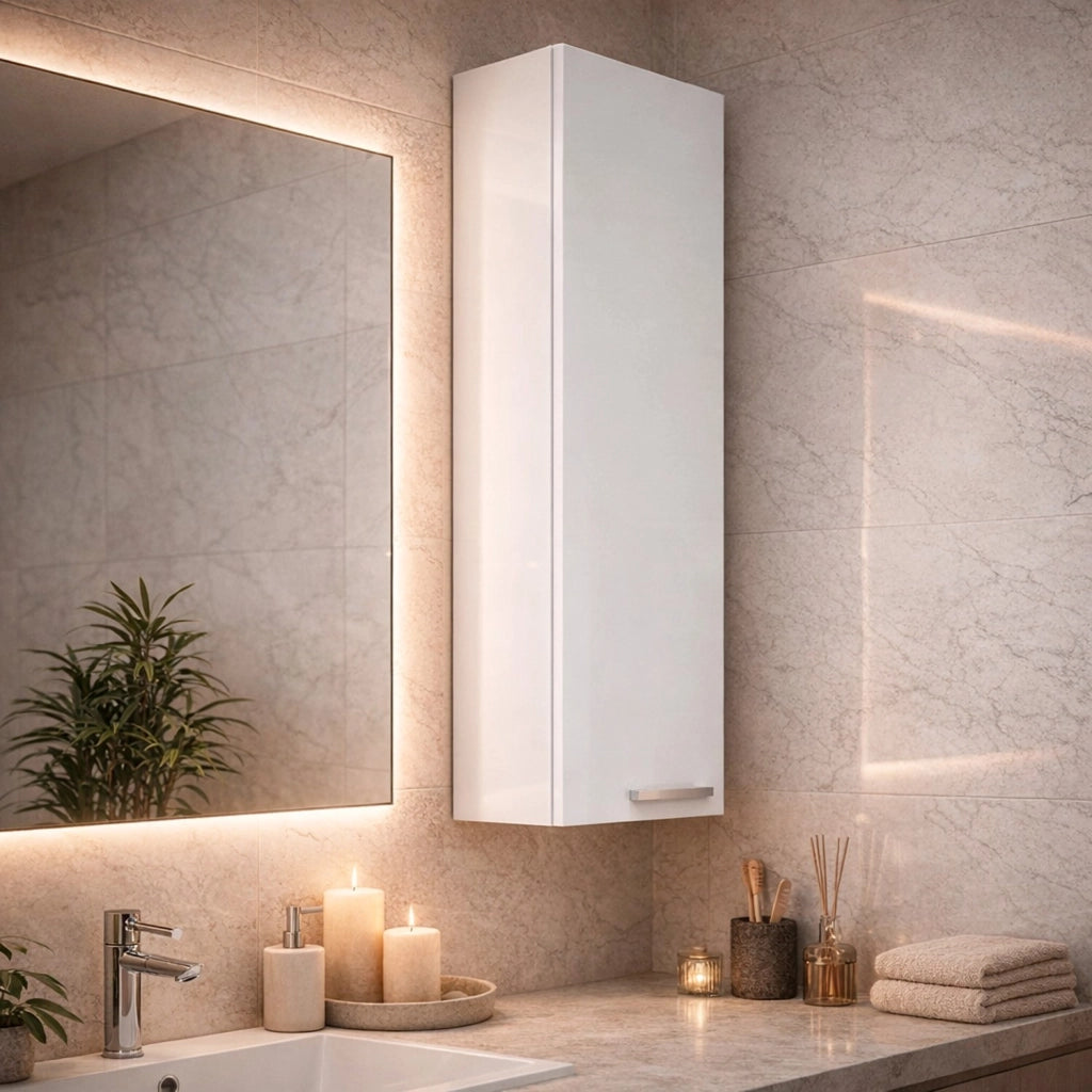 Pensile Bagno Da Parete Sospeso Con Anta E Ripiano Regolabile Mobile Colonna Salvaspazio Armadietto Moderno In Melamina Design Contemporaneo 85 x 30 x 25 Cm Bianco Lucido