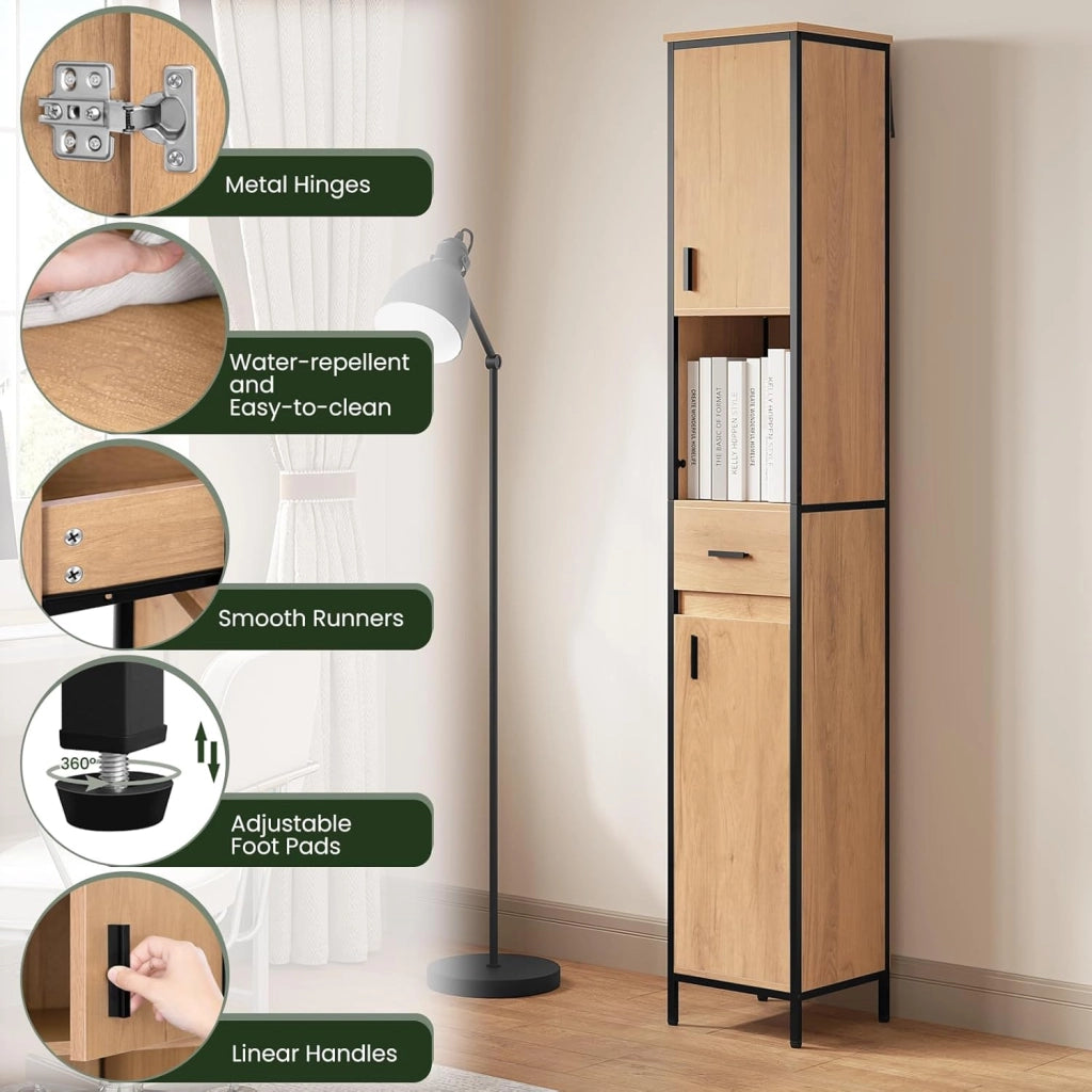 Mobile da Bagno Alto Con 2 Ante e 1 Cassetto, Piedini Regolabili e Ripiani, Per Bagno o Cucina, Stretto 30x30x180 cm, Rovere Chiaro+Nero